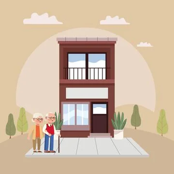 Old couple with building Ilustración de archivo