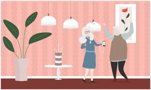 Old couple dancing at home Stock Illustration