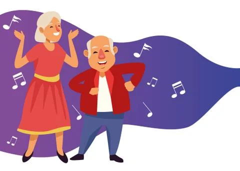 Old couple dancing with music notes active seniors characters Stockillustratie
