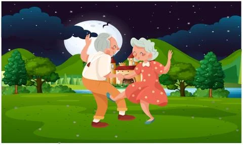 Old couple dancing in the park at night Stock Illustration
