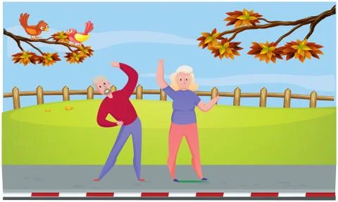 Old couple is doing exercise in the garden Illustrazione stock