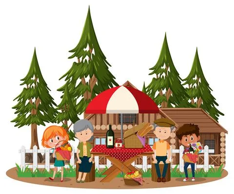 Old couple doing picnic with many children in the park isolated Ilustração Stock