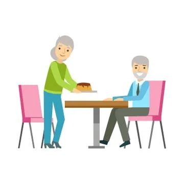 Old Couple Eating Cake At The Table, Smiling Person Having A Dessert In Sweet Stock Illustration