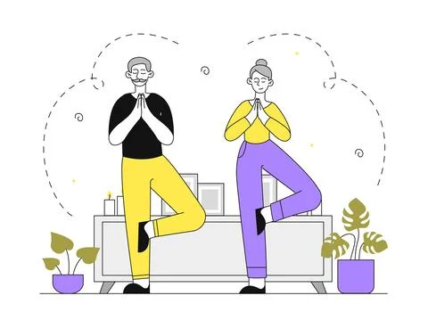 Old couple meditates vector linear Stock Illustration