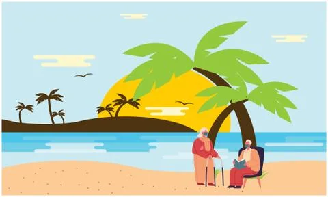 Old couple sitting on a beach Stock Illustration