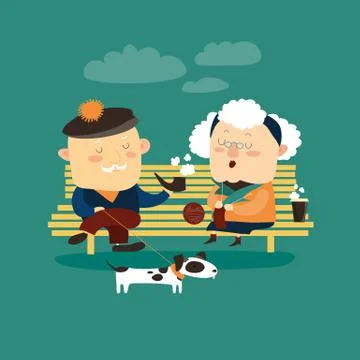 Old couple sitting on bench Stock Illustration