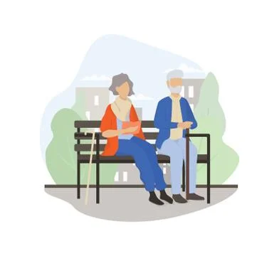 Old couple sitting on the bench together. Senior man and woman in the park. Stock Illustration