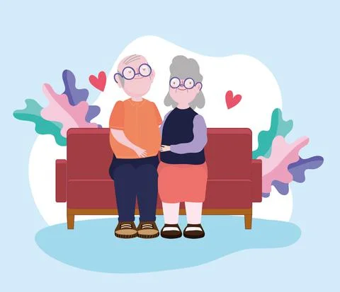Old couple sitting on sofa Stock Illustration