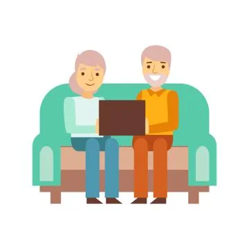 Old Couple Sitting On The Sofa With Lap Top, Person Being Online All The Time Stock Illustration