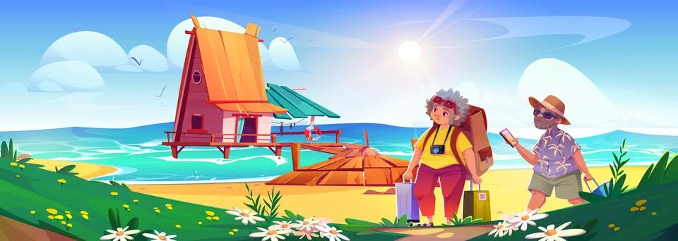 Old couple on summer beach vacation with suitcase Ilustração Stock