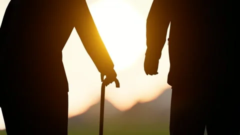 An old couple supporting each other in the sunset in the countryside Stock Footage 290998542