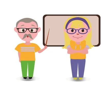 Old Couple Teaching Lesson with Black Board, Happy Cartoon Characters in Flat Stock Illustration