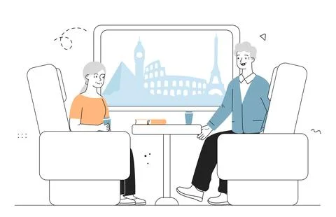 Old couple in train. Elderly man and woman sitting on train and looking out Ilustração Stock