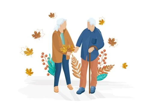 Old couple walking Vector flat style. Autumn fall season illustrations Ilustração Stock