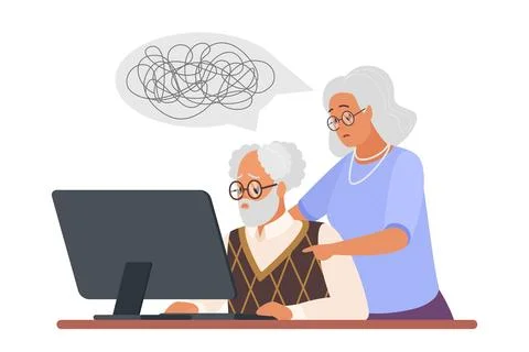Old couples computer problems, confused senior man and woman sitting in front of Stock Illustration
