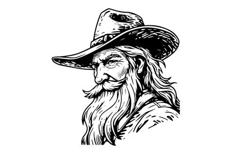 Old cowboy bust or head on hat in engraving style. Hand drawn ink sketch. Vector Stock Illustration