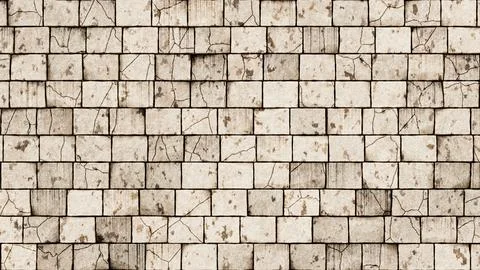 Old cracked beige stone wall texture with square tiles and grunge details. 3D Illustrazione stock