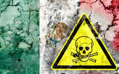 Old cracked wall with poison warning sign and painted flag Stock Illustration