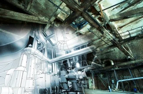 Old creepy, dark, decaying, destructive, dirty factory Stock Illustration