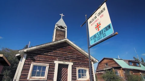 Old Crow, Canada. General view of town's old church. Stock Footage 116803278