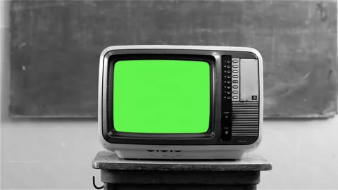Old CRT TV Set With Chroma Key Screen In Black And White Classroom - 4K Stock Footage 334136839
