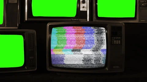 Old CRT TVs Turning On Simultaneously with Glitch and Green Screen - Sepia Tone Stock Footage 320167374