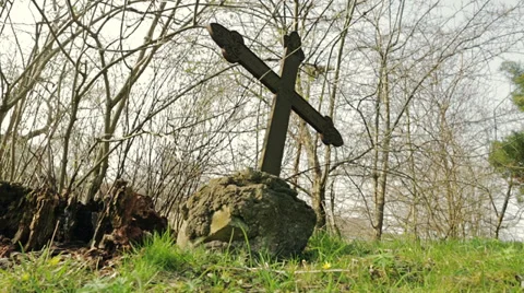 Old crucifix on abandoned graveyard Stock Footage 36741939