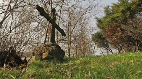 Old crucifix on abandoned graveyard Stock Footage 36742248