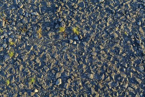 Old crumbled asphalt pattern, grass breaks through the asphalt. Stock Photos