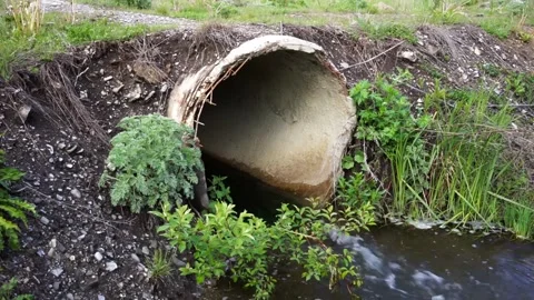 Old crumbling concrete pipe transporting the polluted city wastewater Stock Footage 309407222
