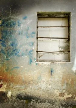 Old damage wall and built-in window with bar. Stock Photos