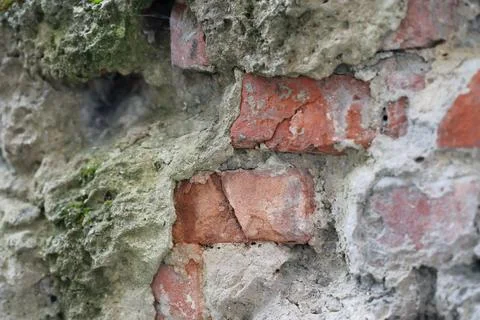 Old damaged brick wall with weathered cement and moss. Cracked masonry surf.. Stock Photos