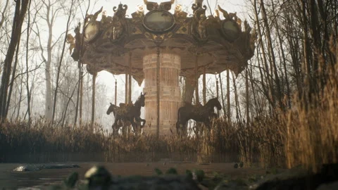 An old damaged merry-go-round is spinning in a desolate spooky forest. The Stock Footage 153282340