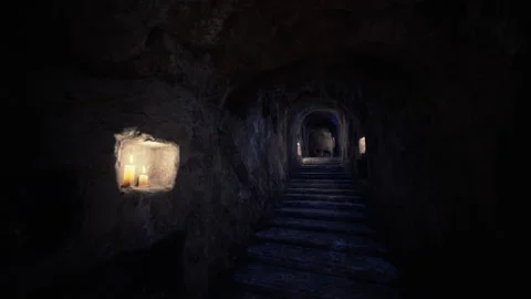 Old dark catacombs with candles Видео 168688644