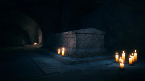 Old dark catacombs with candles Stock-Footage 214216197