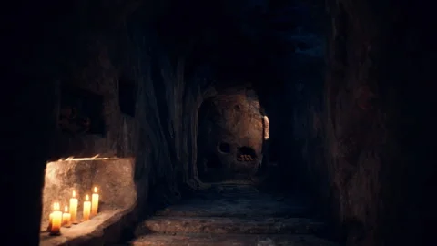 Old dark catacombs with candles Stock-Footage 243165963