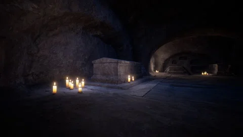 Old dark catacombs with candles Stock-Footage 257436587