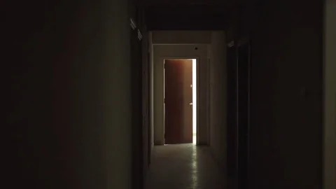 Old dark creepy apartment building,long hallway, gimbal tracking shot Stock Footage 70520834