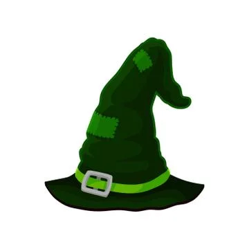 Old dark green wizard hat in patches. Vector illustration on white background. Stock Illustration