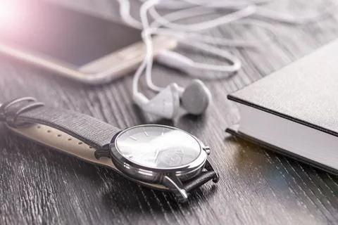 Old dark office desktop with elements for business and work. Foto stock