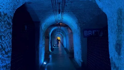 Old dark tunnel path with blue light Stock Footage 254588146