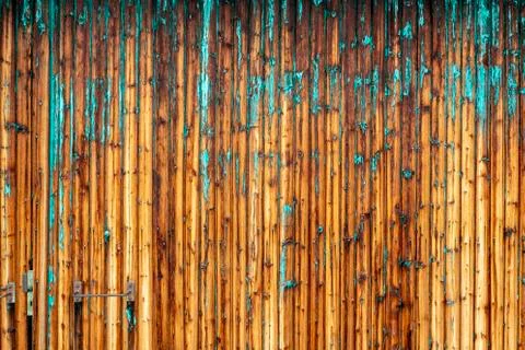 Old decayed wood from which the paint peels off and it weathered yellowish as Stock Photos