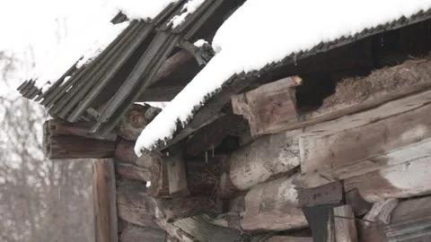An old decrepit ruined log house with a broken snow-covered roof Video stock 300761060