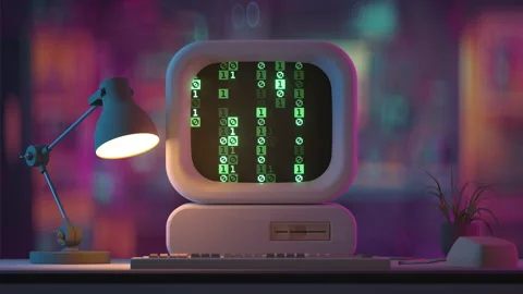 Old desktop PC with computer code on a screen 3D render seamless loop animation Stock Footage 253791361