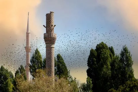 An old destroyed minaret and a solid minaret Stock Photos