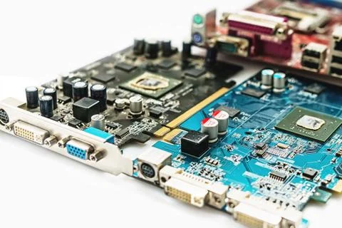 Old details inside an outdated computer. The horizontal frame. White background. Foto stock