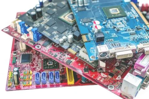 Old details inside an outdated computer. White background. Foto stock