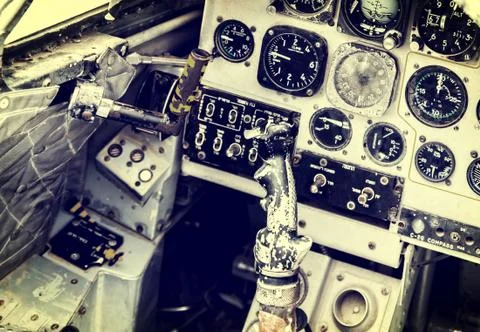 Old device in the pilot cockpit Stock Photos
