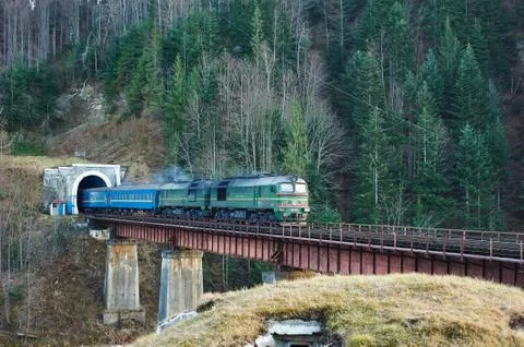 Old diesel passenger train in tunnel Stock Photos