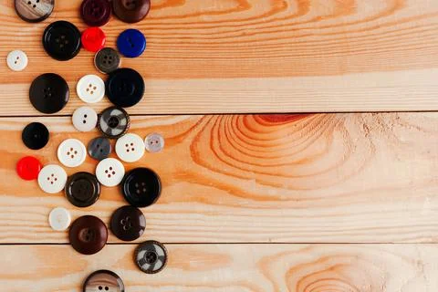 Old different buttons pattern on white background. Copy space for the text Stock Photos